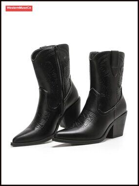 Western Embroidered Ankle Booties Pointed Toe Block Heel Cowboy Boots